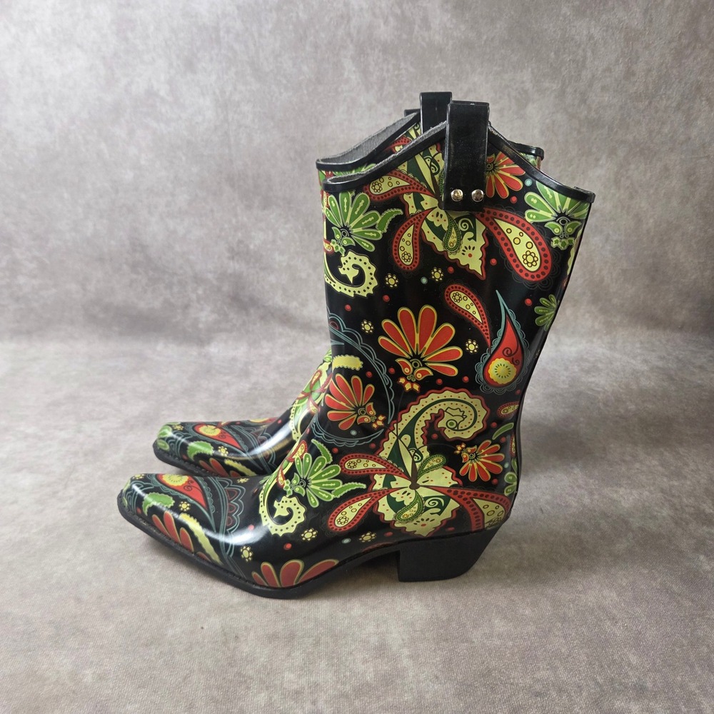 Womens Paisley Print Rubber Cowboy Rain Boots Pointed Toe Mid Calf Black Size 11